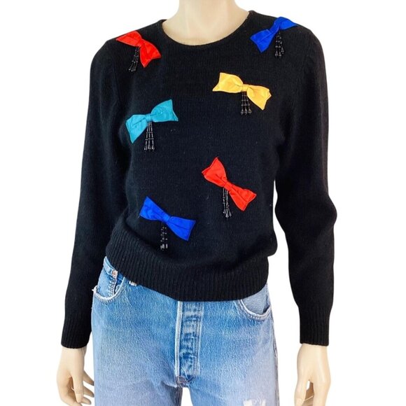 Stunning Lambswool Silk Bow Beaded Detail 1980s Sweater Size XS - Picture 4 of 7